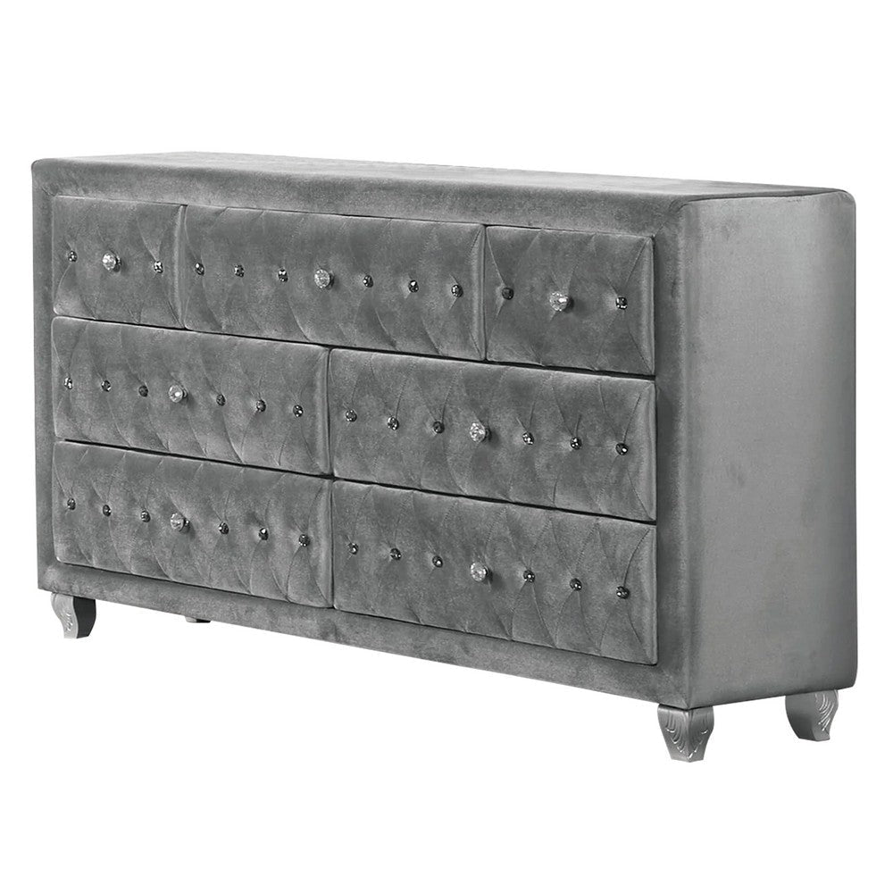 Zoha 59 Inch Wide Dresser Chest, 7 Drawer, Solid Wood, Gray Upholstery By Casagear Home