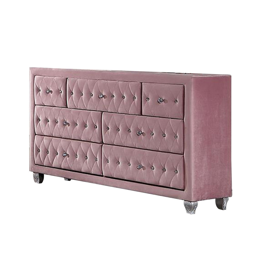 Zoha 59 Inch Wide Dresser Chest 7 Drawer Solid Wood Pink Upholstery By Casagear Home BM310916