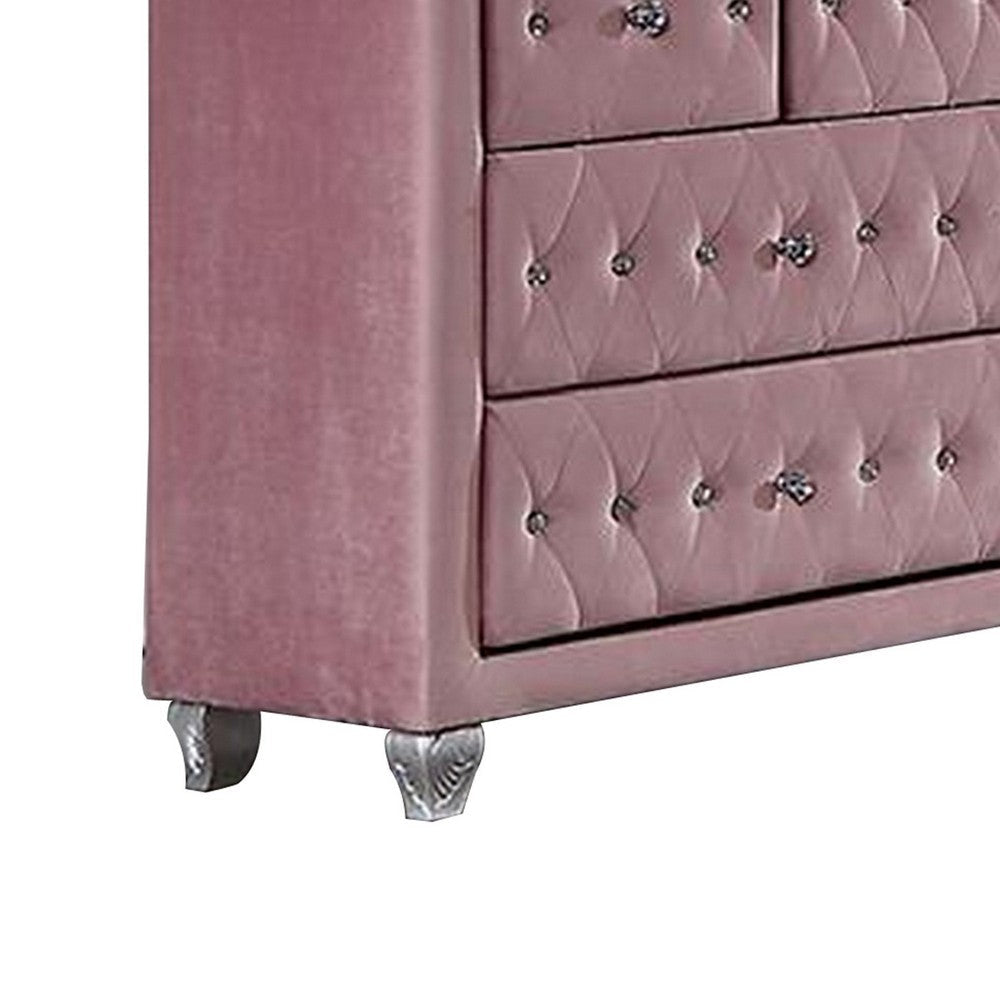 Zoha 59 Inch Wide Dresser Chest 7 Drawer Solid Wood Pink Upholstery By Casagear Home BM310916