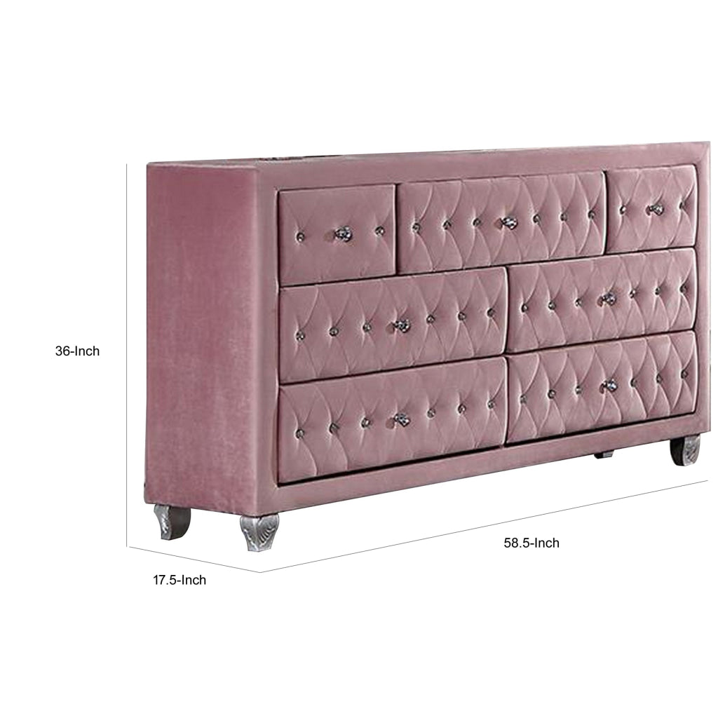 Zoha 59 Inch Wide Dresser Chest 7 Drawer Solid Wood Pink Upholstery By Casagear Home BM310916