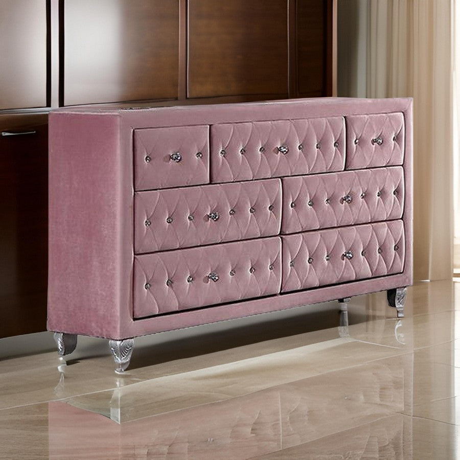 Zoha 59 Inch Wide Dresser Chest 7 Drawer Solid Wood Pink Upholstery By Casagear Home BM310916