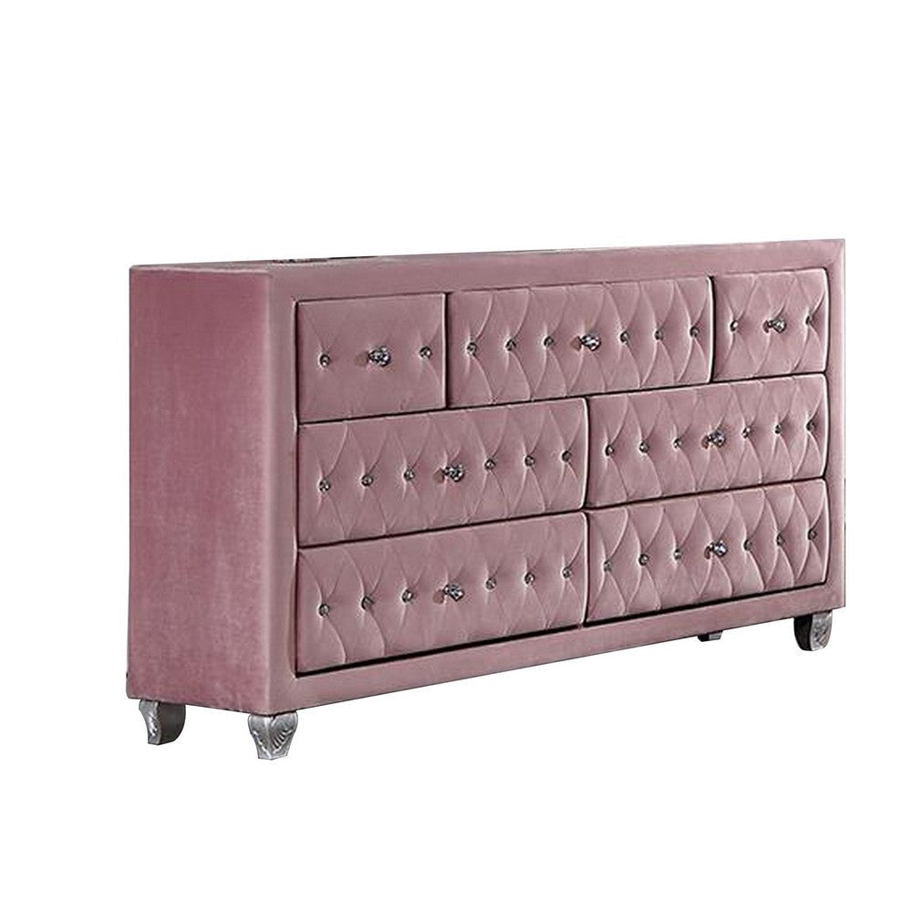 Zoha 59 Inch Wide Dresser Chest, 7 Drawer, Solid Wood, Pink Upholstery By Casagear Home