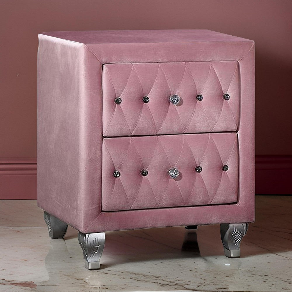 Zoha 26 Inch Nightstand, 2 Drawer, Cabriole Legs, Wood, Pink Upholstery By Casagear Home