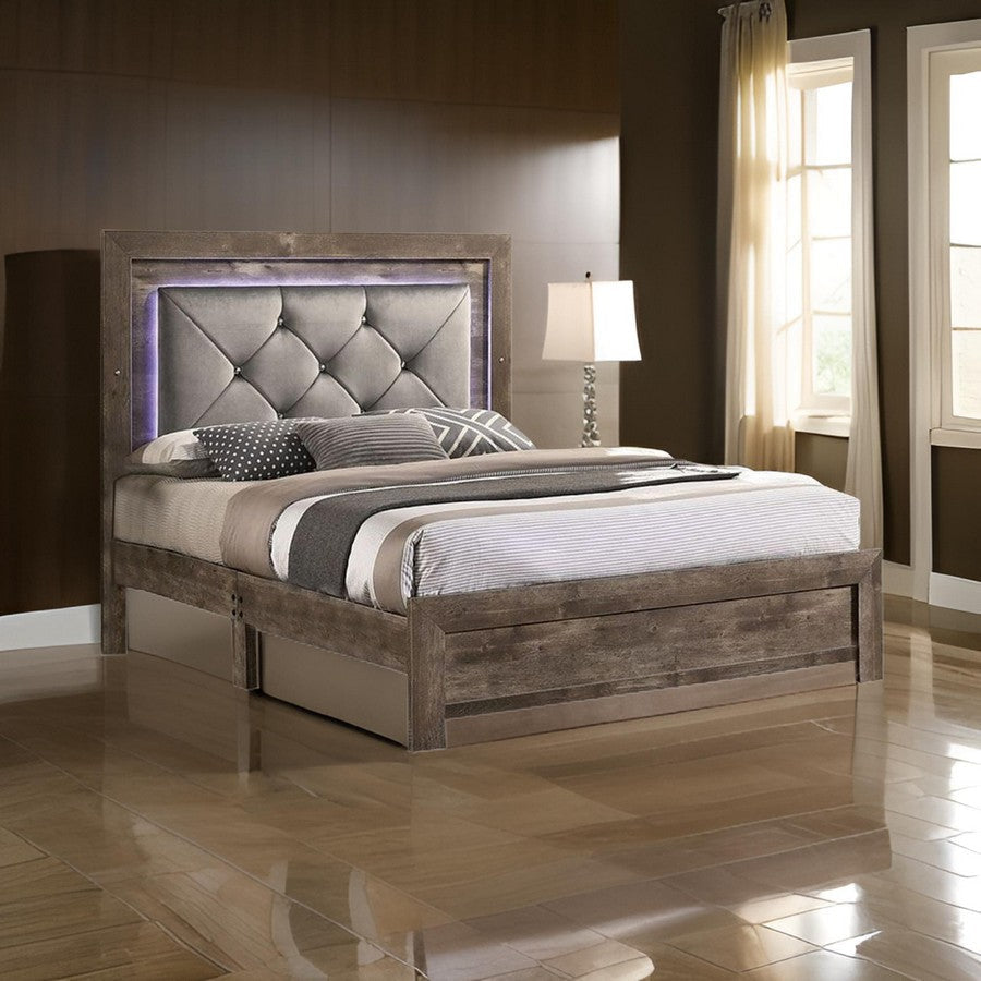 Farmhouse King Size Bed Button Tufted LED Accents Beige Tone Upholstery By Casagear Home BM310918