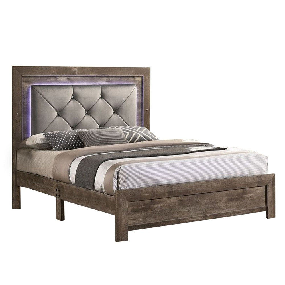 Farmhouse King Size Bed, Button Tufted, LED Accents, Beige Tone Upholstery By Casagear Home