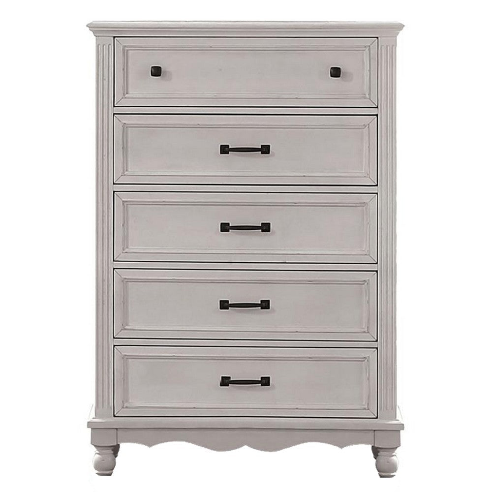 Geo 54 Inch Tall Dresser Chest, 5 Drawers, Bronze Accents, Antique White By Casagear Home