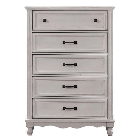 Geo 54 Inch Tall Dresser Chest, 5 Drawers, Bronze Accents, Antique White By Casagear Home