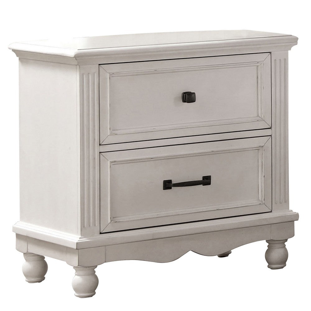 Geo 28 Inch Nightstand 2 Drawers Solid Wood Bronze Antique White By Casagear Home BM310922