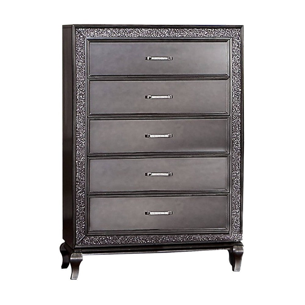 Ony 53 Inch Tall Dresser, 5 Drawers, Faux Crystal, Wood, Chrome, Gray By Casagear Home