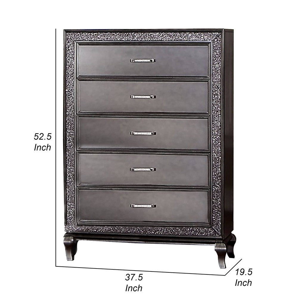 Ony 53 Inch Tall Dresser 5 Drawers Faux Crystal Wood Chrome Gray By Casagear Home BM310923