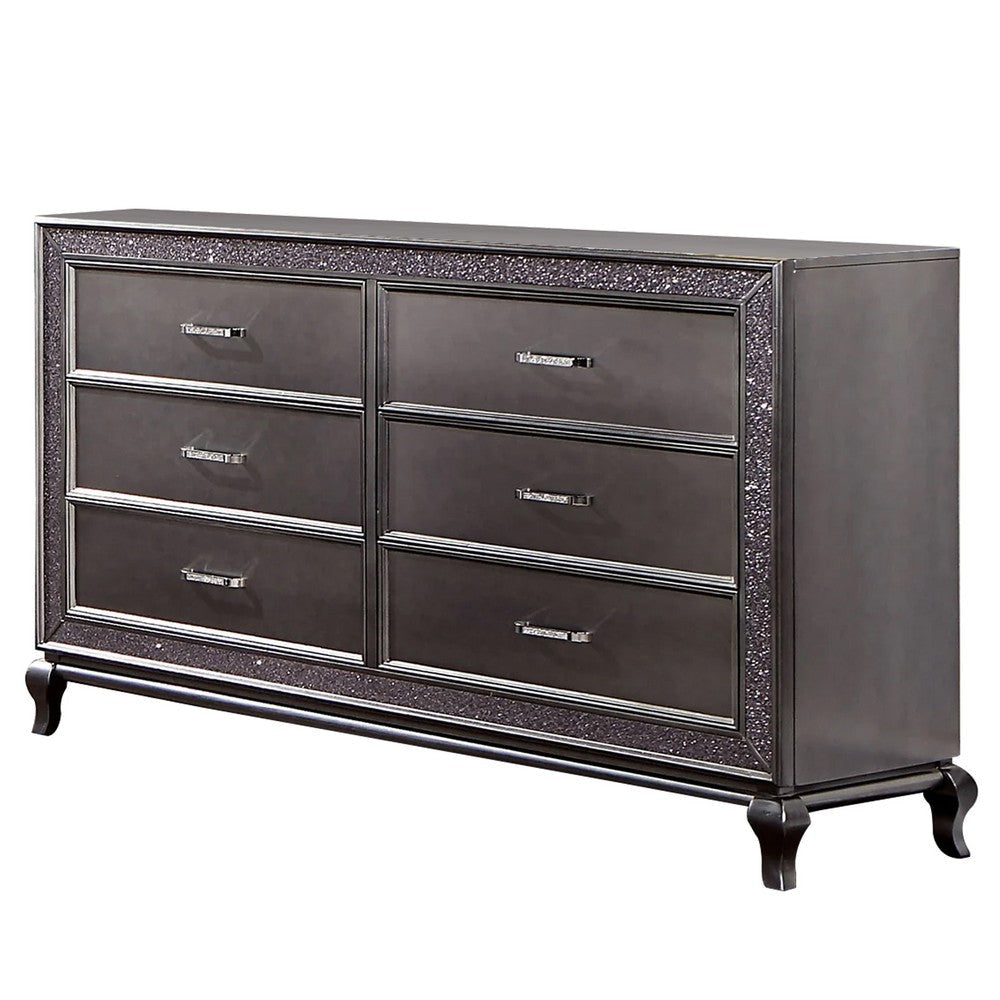 Ony 64 Inch Wide Dresser Chest, 6 Drawers, Chrome, Graphite Gray Solid Wood By Casagear Home