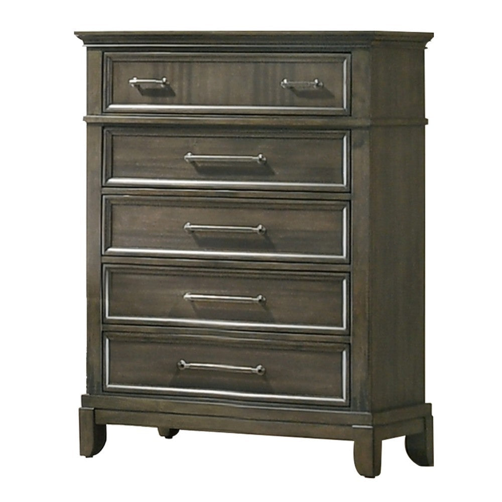 Ston 49 Inch Tall Dresser Chest, 5 Drawers, Pewter, Crown Molding, Gray By Casagear Home