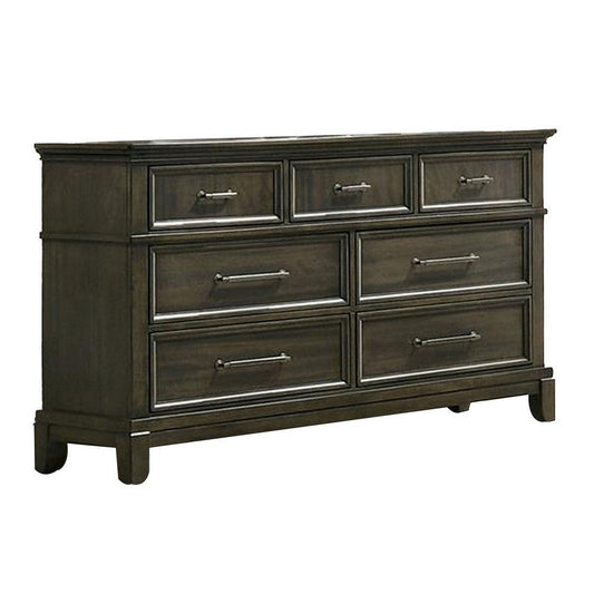 Ston 63 Inch Wide Dresser Chest, 7 Drawers, Pewter Handles, Wood, Gray By Casagear Home