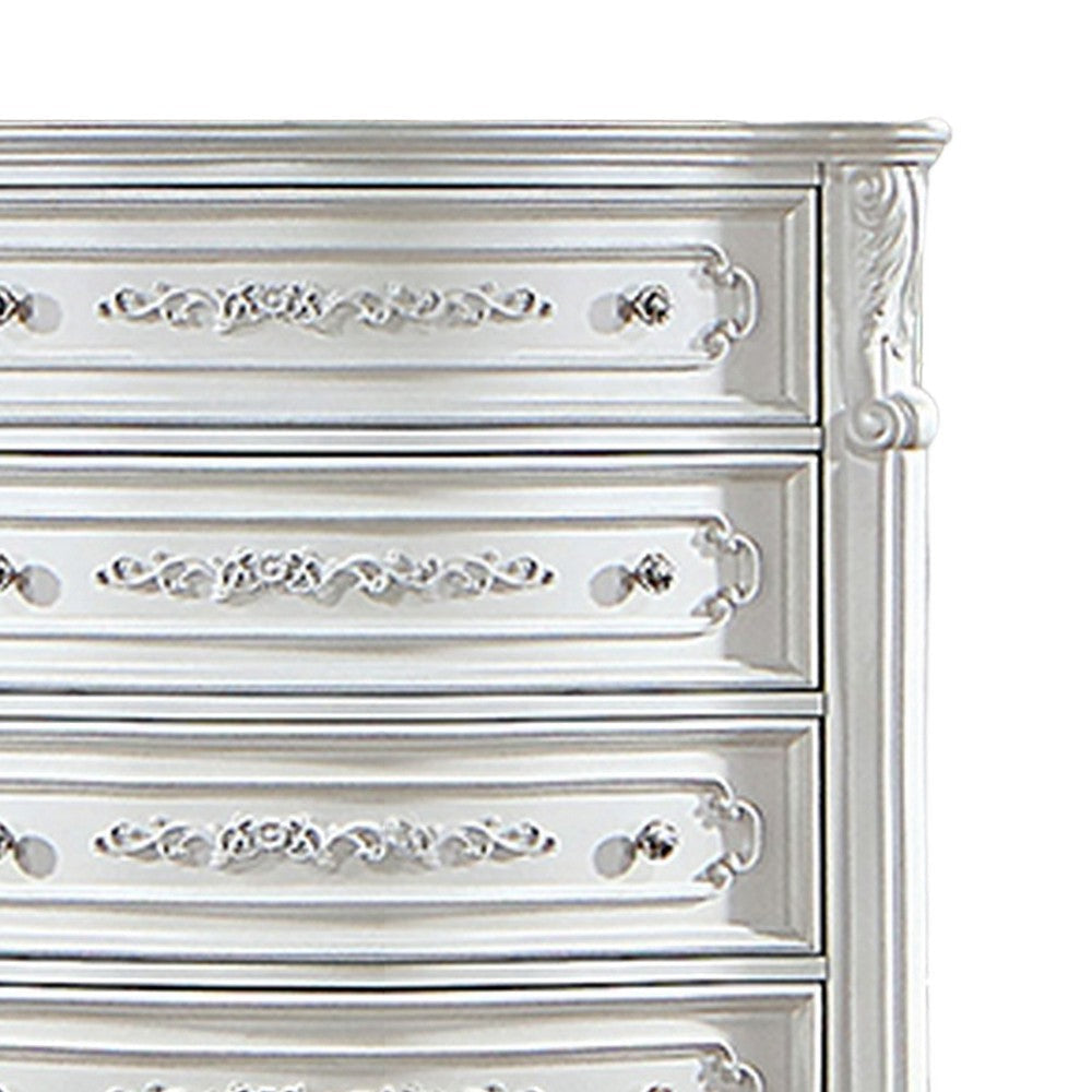 54 Inch Tall Dresser Chest 5 Drawer Marble Top Carved Design Pearl White By Casagear Home BM310929