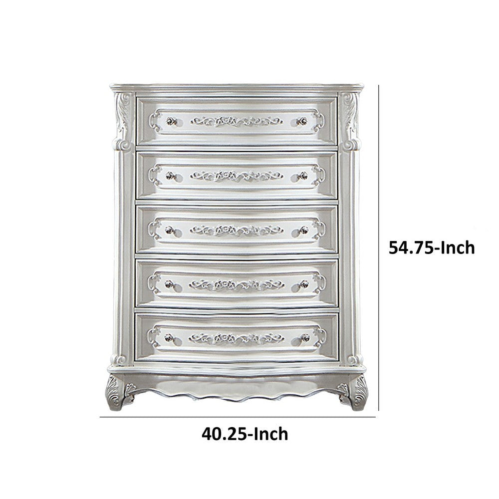 54 Inch Tall Dresser Chest 5 Drawer Marble Top Carved Design Pearl White By Casagear Home BM310929