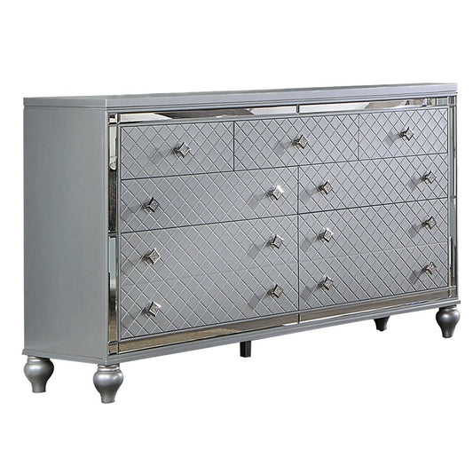 Calan 63 Inch Wide Dresser Chest, 9 Drawers, Pebble Texture, Wood, Silver By Casagear Home