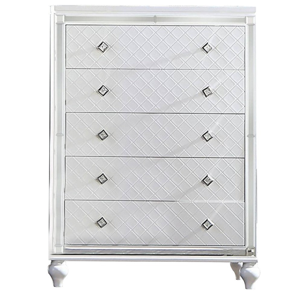 Calan 52 Inch Tall Dresser Chest, 5 Drawer, Texture, Mirror Trim, White By Casagear Home