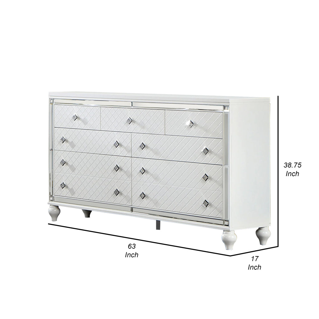 Calan 63 Inch Wide Dresser Chest 9 Drawers Pebble Texture Wood White By Casagear Home BM310938