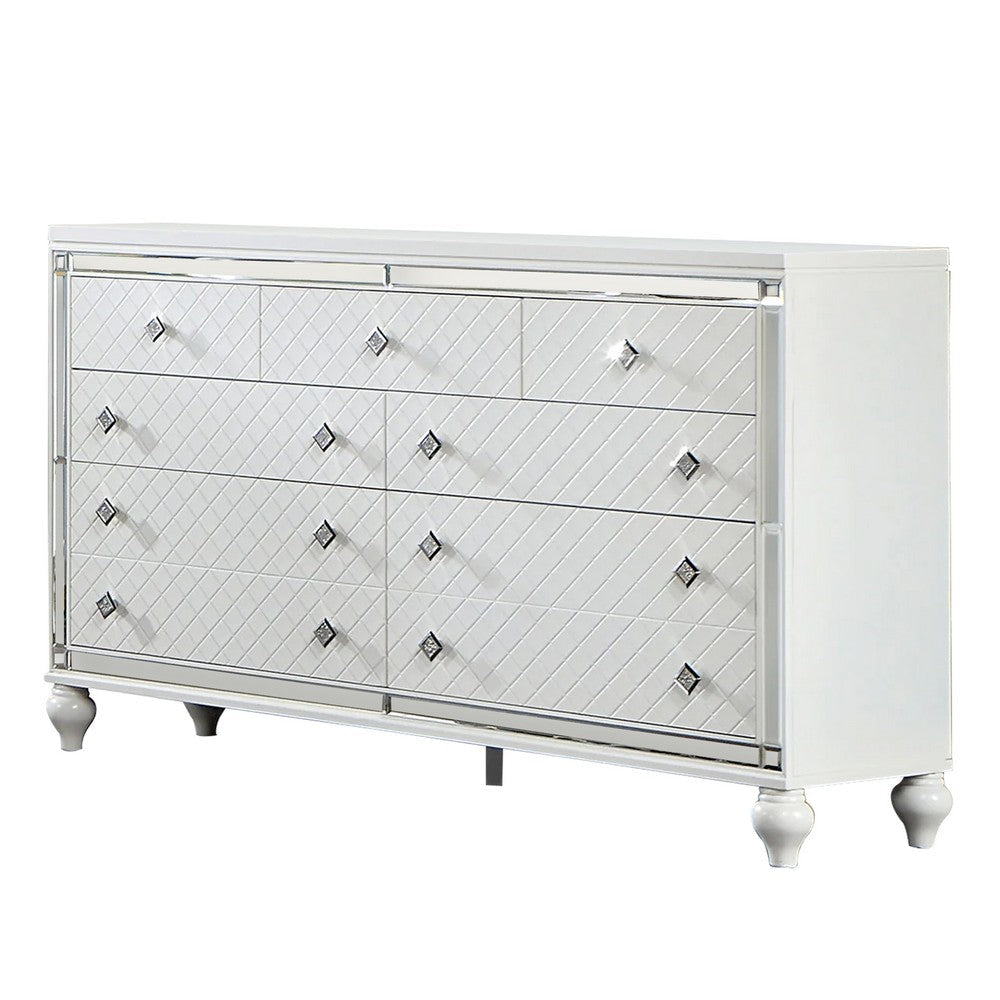 Calan 63 Inch Wide Dresser Chest, 9 Drawers, Pebble Texture, Wood, White By Casagear Home