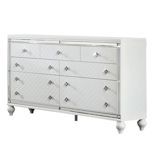 Calan 63 Inch Wide Dresser Chest, 9 Drawers, Pebble Texture, Wood, White By Casagear Home