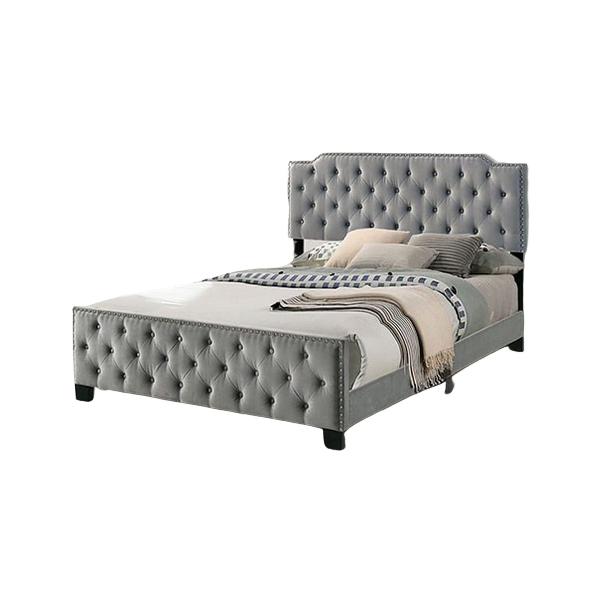 Agapi California King Bed Button Tufted Nailhead Trim Gray Upholstery By Casagear Home BM310942