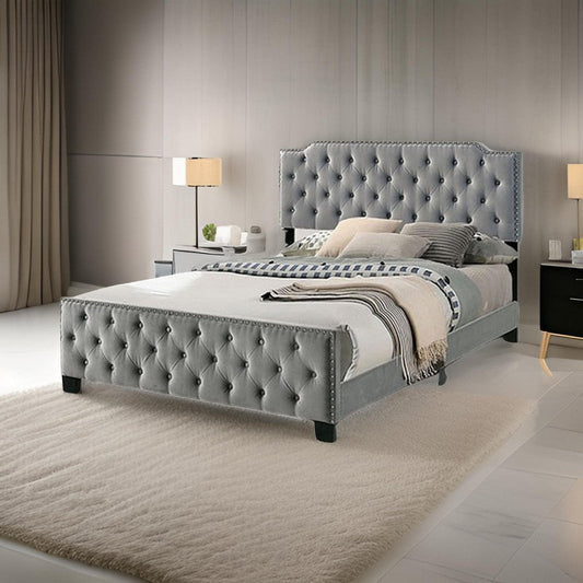 Agapi California King Bed Button Tufted Nailhead Trim Gray Upholstery By Casagear Home BM310942