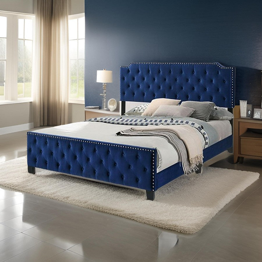 Agapi California King Bed Button Tufted Nailhead Trim Navy Upholstery By Casagear Home BM310943