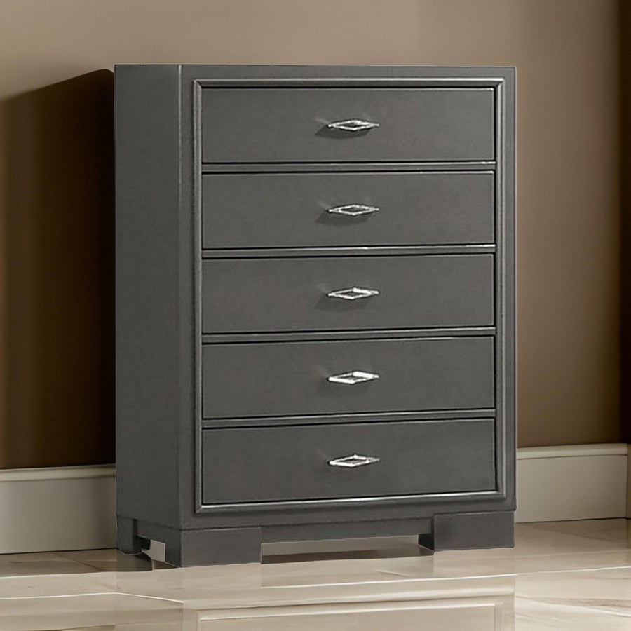 Aliso 47 Inch Tall Dresser Chest, 5 Drawers, Solid Wood, Dark Gray Finish By Casagear Home