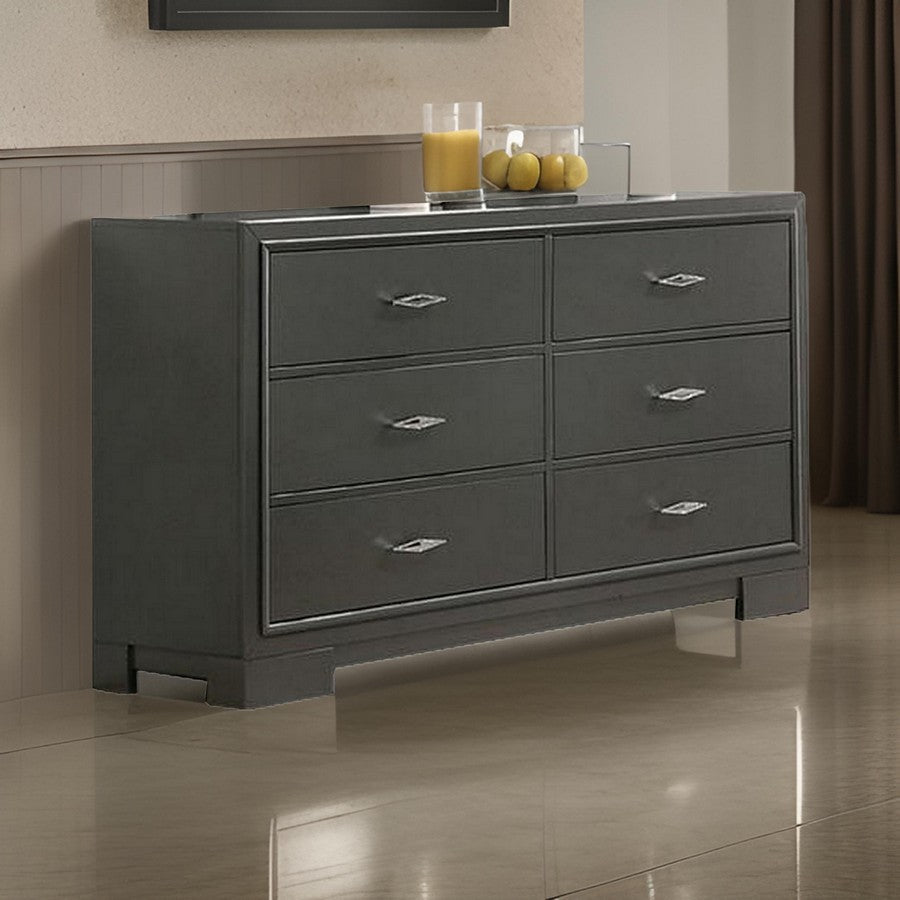 Aliso 58 Inch Wide Dresser Chest, 6 Drawers, Bracket Feet, Dark Gray  By Casagear Home