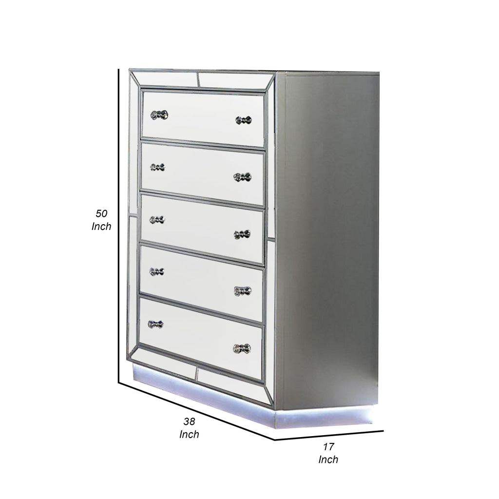 Donna 50 Inch Tall Dresser Chest 5 Drawers LED Silver and Mirror Finish By Casagear Home BM310947