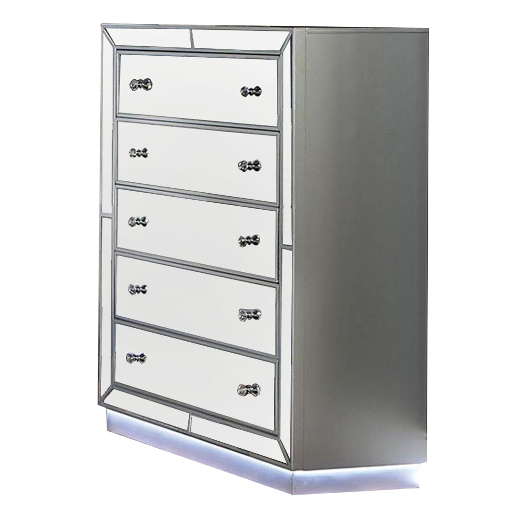 Donna 50 Inch Tall Dresser Chest 5 Drawers LED Silver and Mirror Finish By Casagear Home BM310947