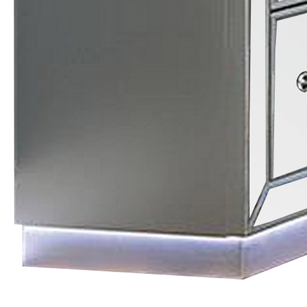 Donna 64 Inch Wide Dresser Chest LED Lights Silver and Mirror Finish By Casagear Home BM310948