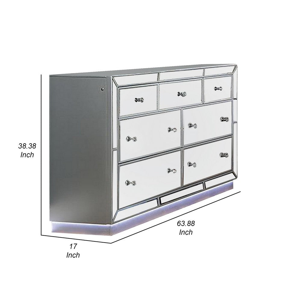 Donna 64 Inch Wide Dresser Chest LED Lights Silver and Mirror Finish By Casagear Home BM310948