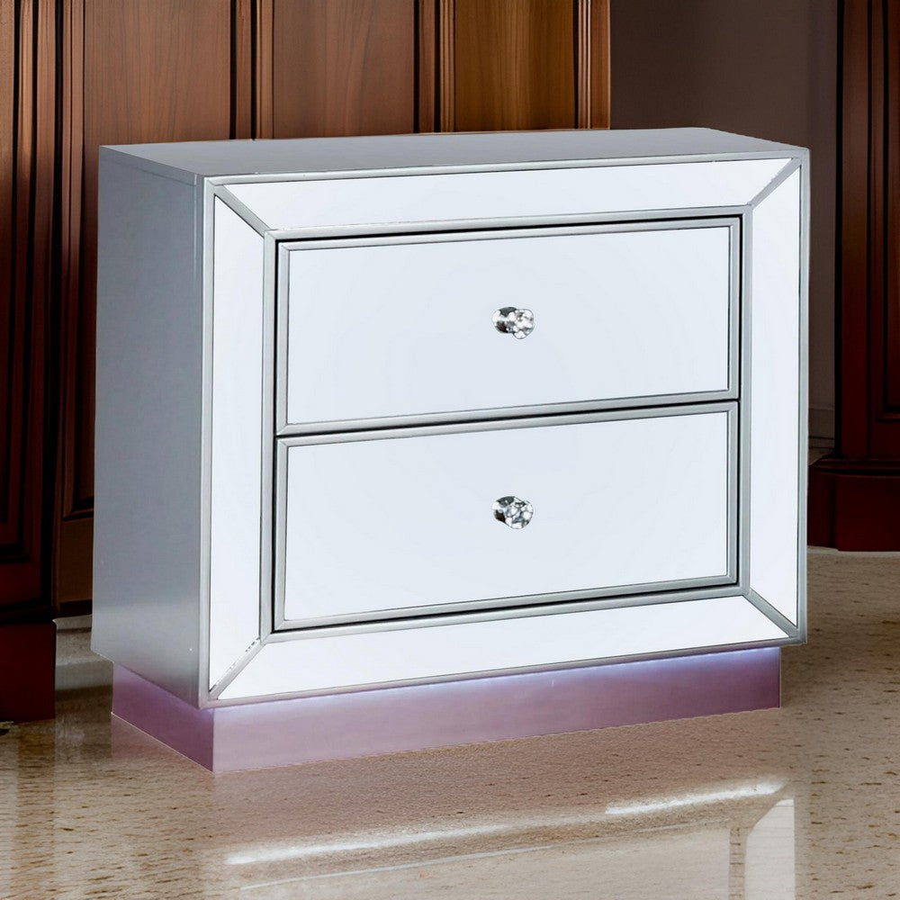 Donna 26 Inch Nightstand, 2 Drawers, LED Light, USB Port, Mirror, Silver By Casagear Home