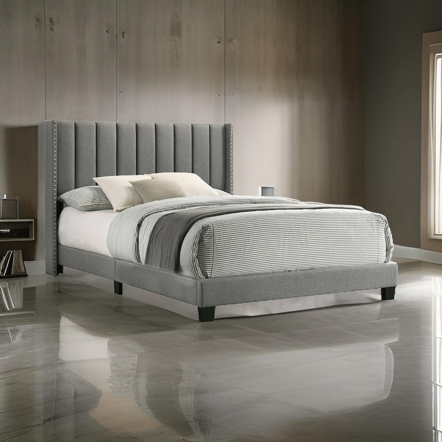 Kail California King Bed Wingback Channel Tuft Light Gray Upholstery By Casagear Home BM310950