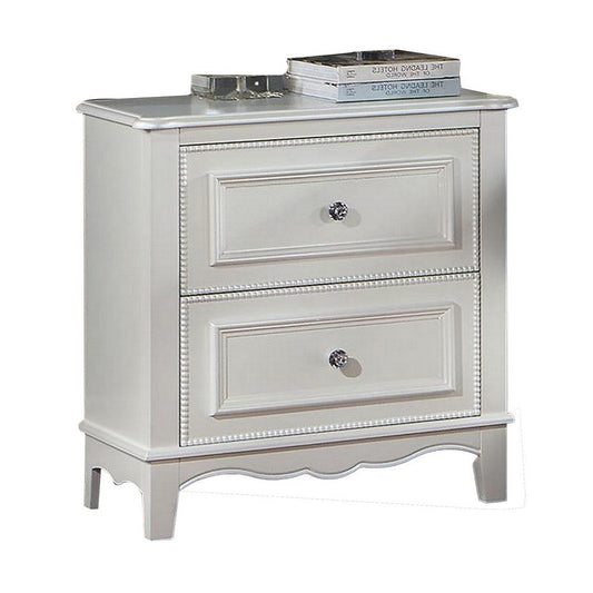 Cade 27 Inch Nightstand, 2 Drawers, Crown Mold, Crystal Knob, Wood, White By Casagear Home