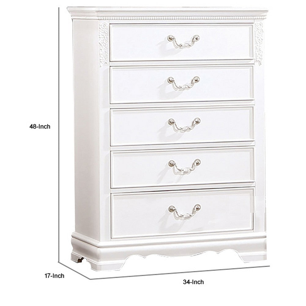 Aleci 48 Inch Tall Dresser Chest 5 Drawers Wood Carved Nickel White By Casagear Home BM310967