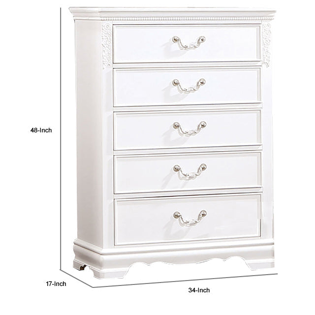 Aleci 48 Inch Tall Dresser Chest 5 Drawers Wood Carved Nickel White By Casagear Home BM310967