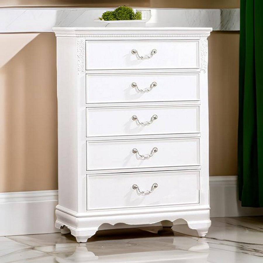 Aleci 48 Inch Tall Dresser Chest, 5 Drawers, Wood Carved, Nickel, White By Casagear Home