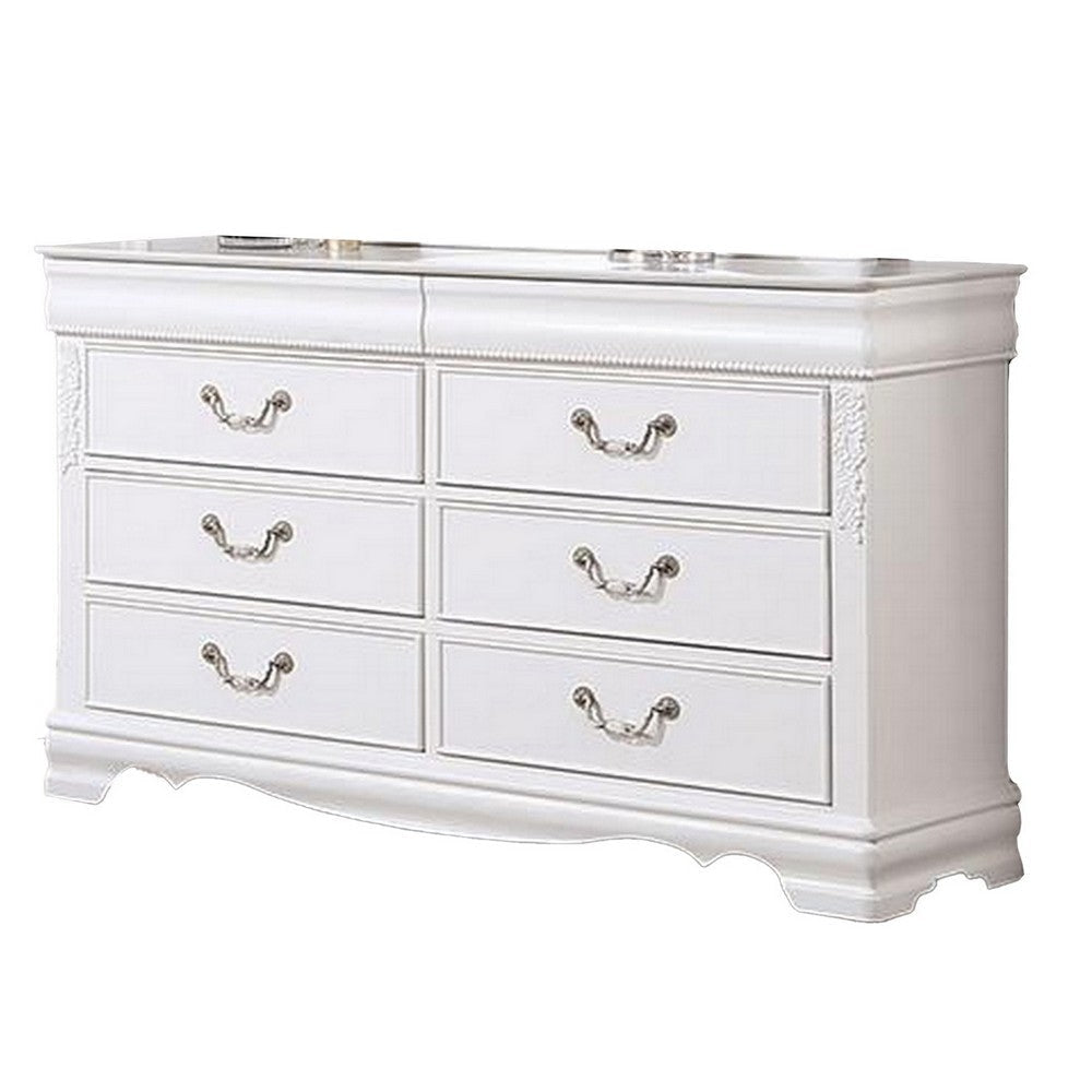 Aleci 54 Inch Wide Dresser Chest 6 Drawers Carved Detail Wood White By Casagear Home BM310968