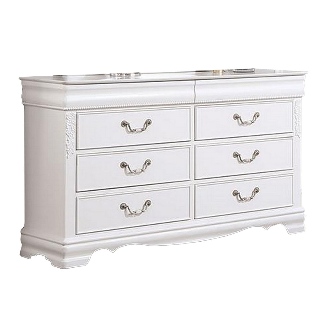 Aleci 54 Inch Wide Dresser Chest 6 Drawers Carved Detail Wood White By Casagear Home BM310968