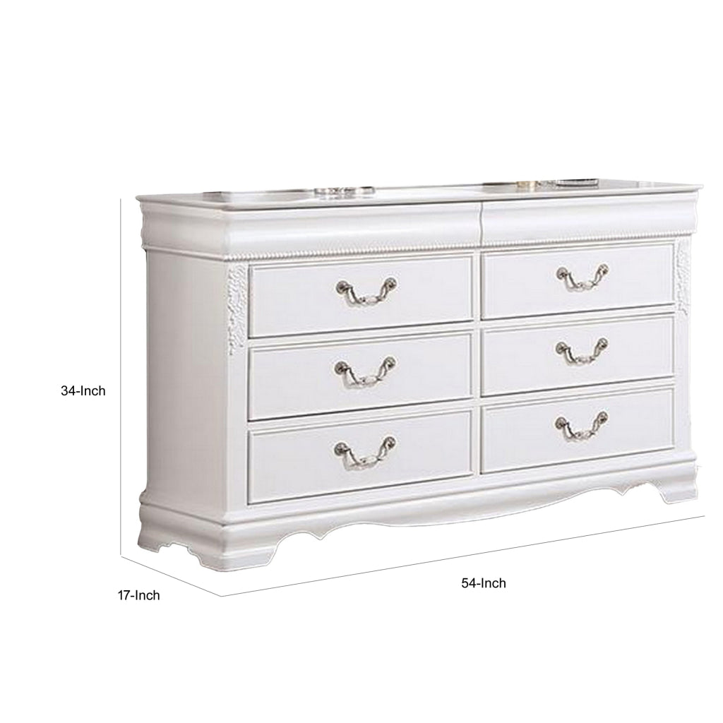 Aleci 54 Inch Wide Dresser Chest 6 Drawers Carved Detail Wood White By Casagear Home BM310968