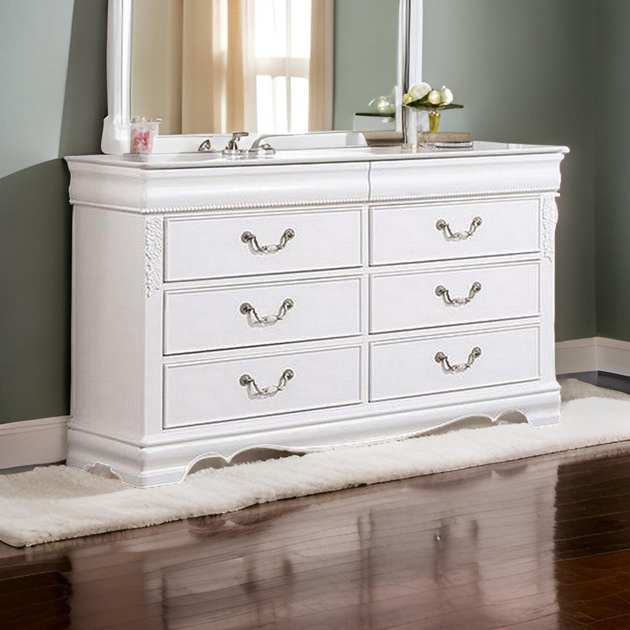 Aleci 54 Inch Wide Dresser Chest, 6 Drawers, Carved Detail, Wood, White By Casagear Home