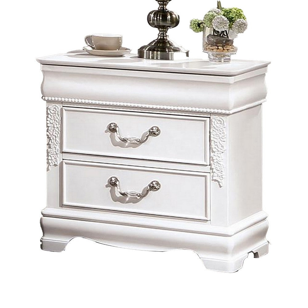 Aleci 24 Inch Nightstand 2 Drawers Carved Details Solid Wood White By Casagear Home BM310969