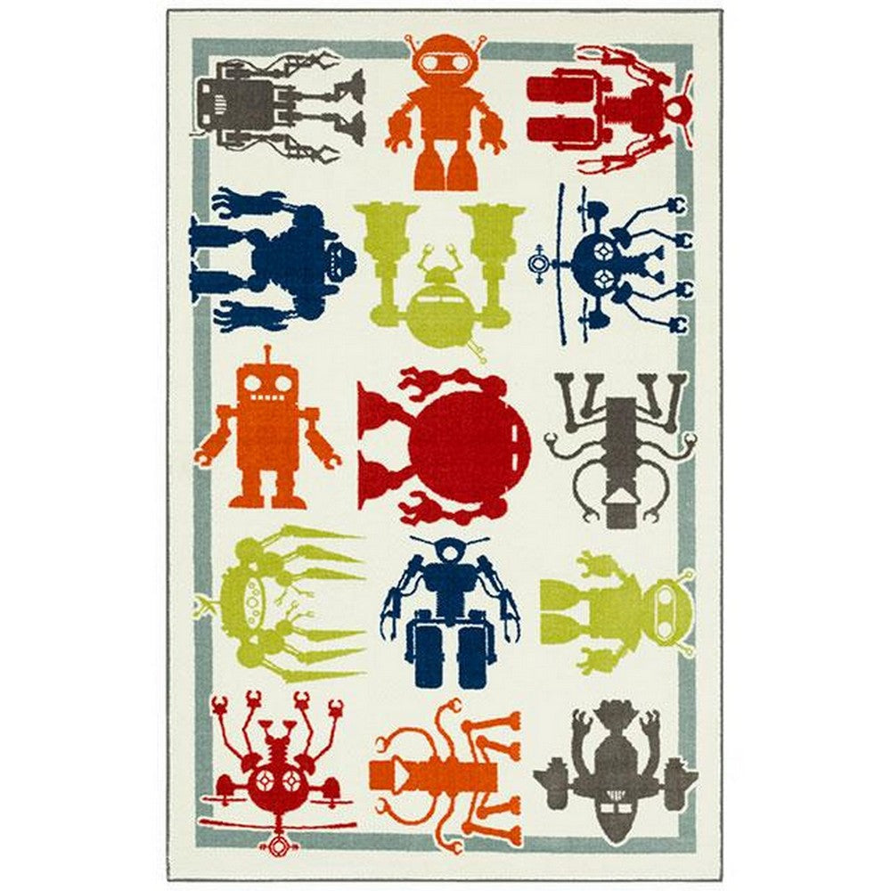 Liya 5 x 8 Medium Area Rug, Playful Robot Design Artwork, Multicolor Nylon By Casagear Home