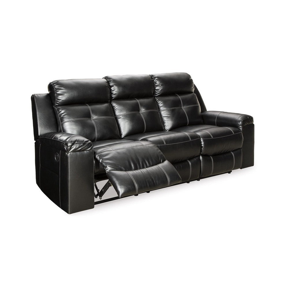 88 Inch Manual Reclining Sofa, Blue LED Lighting, Black Faux Leather By Casagear Home