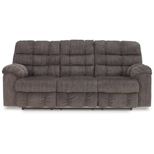 90 Inch Reclining Sofa With Drop Down Table, 2 Cup Holder, Slate Polyester By Casagear Home