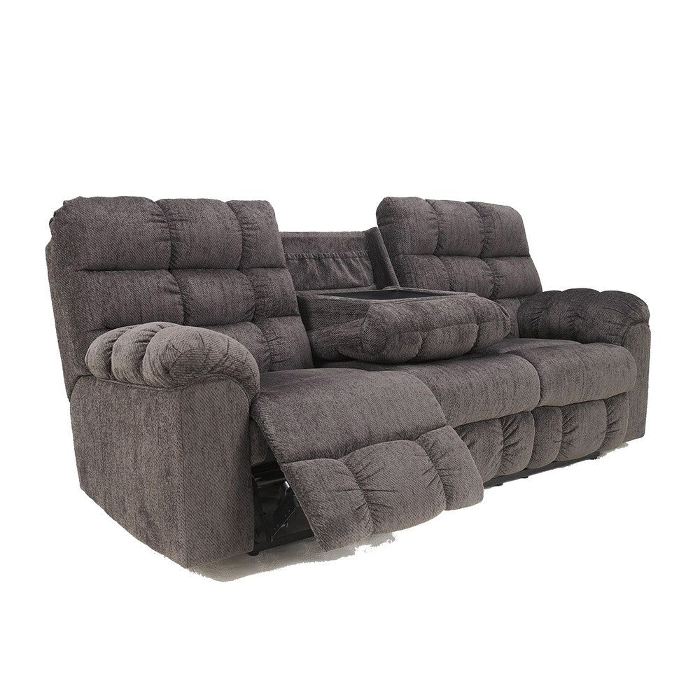 90 Inch Reclining Sofa With Drop Down Table 2 Cup Holder Slate Polyester By Casagear Home BM311001