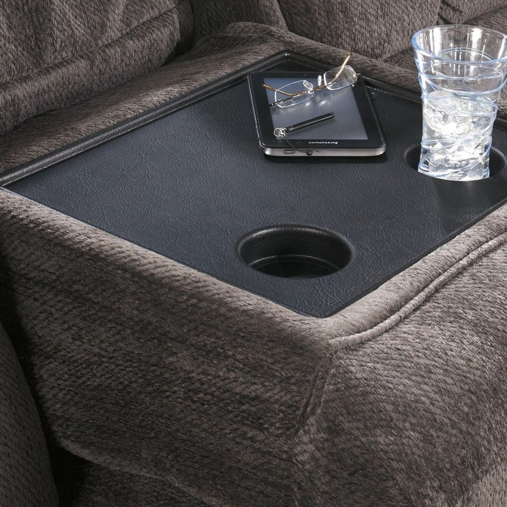 90 Inch Reclining Sofa With Drop Down Table 2 Cup Holder Slate Polyester By Casagear Home BM311001