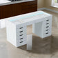 Niki 60 Inch Vanity Desk 13 Drawers USB Port Glass Tabletop White By Casagear Home BM311018